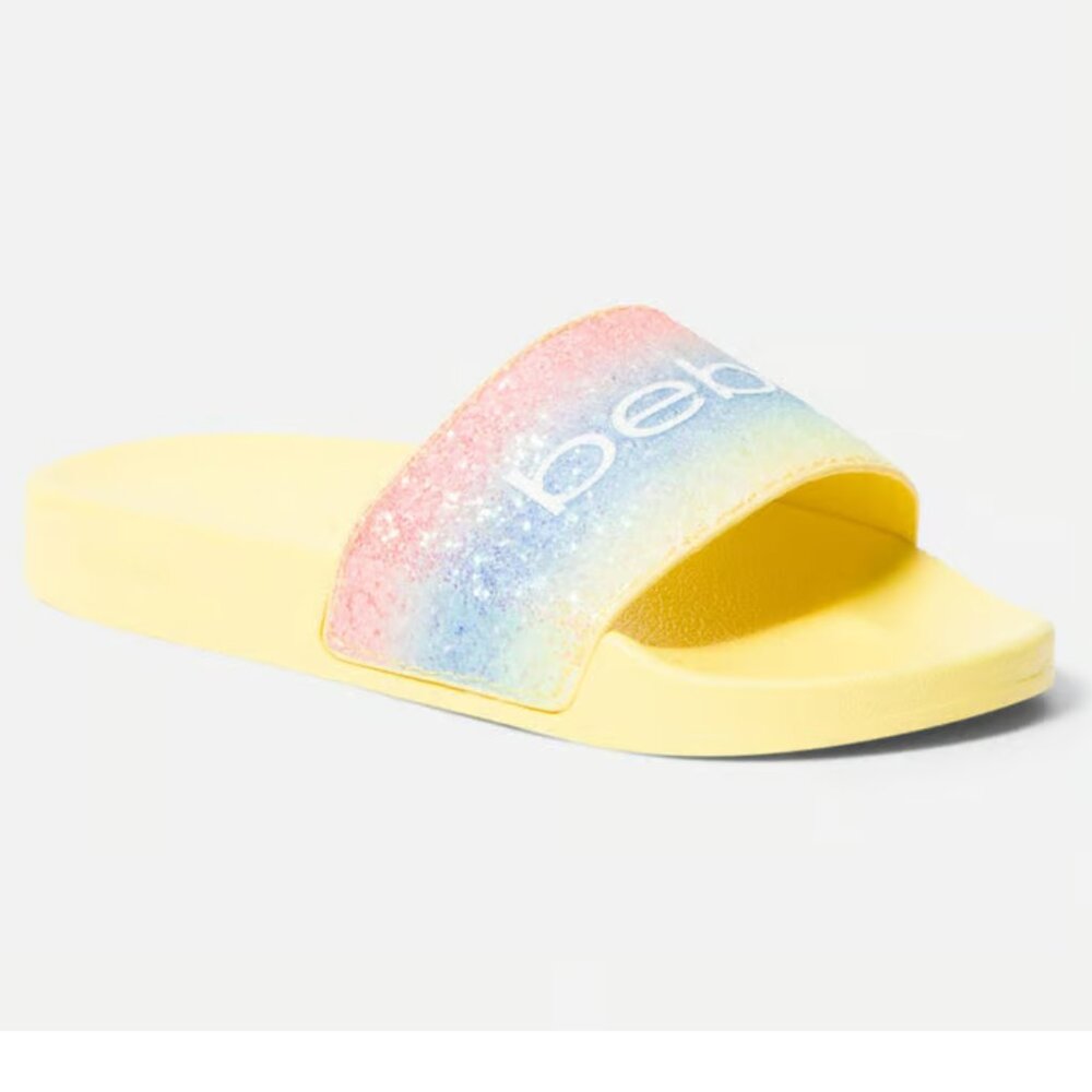 NEW BEBE FRAIDA SLIDE GLITTER LOGO OMBRE COLOR: YELLOW MULTI